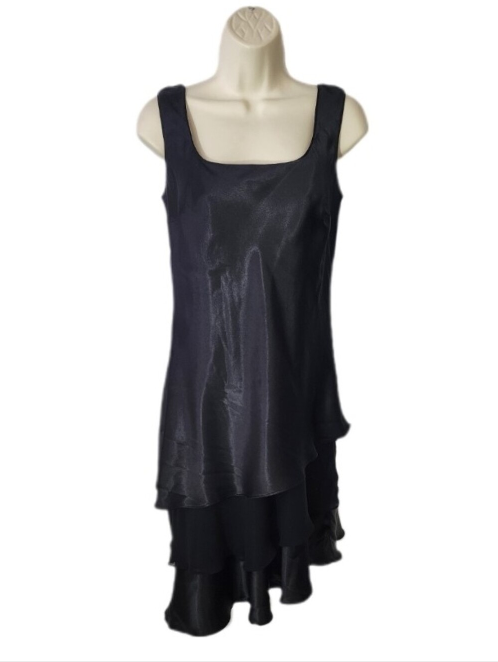 Karin Stevins Dress Satin Cocktail Layered Tiered Sleeveless Black Size 8 - Picture 2 of 9